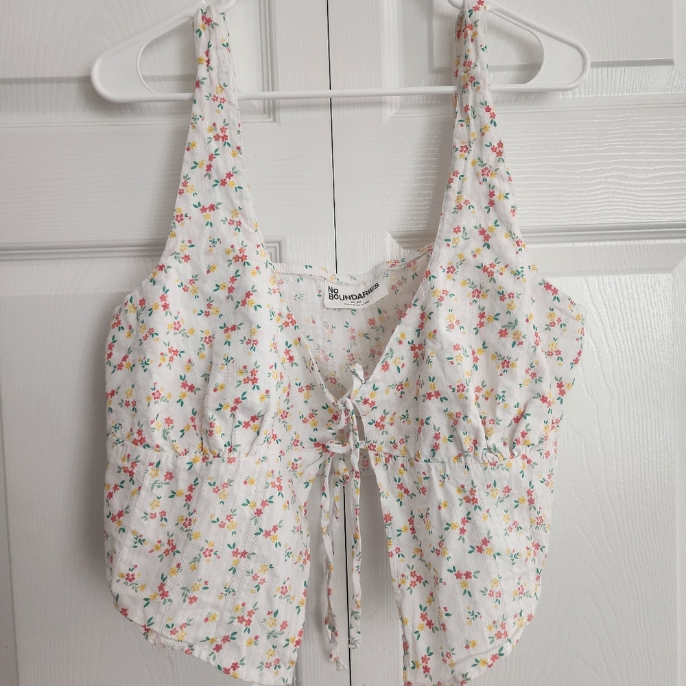 No Boundaries Tie Front Tank Top Floral Boho Cottage‎ Bare Midriff, XXL